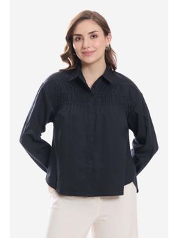 Virgio - Black Solid Cotton Elasticated Shirt for Women
