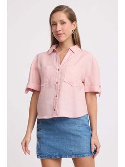Virgio - Blue Solid Cotton Short Sleeve Shirt for Women