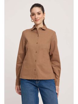 Virgio - Brown Solid Linen Regular Fit Shirt for Women