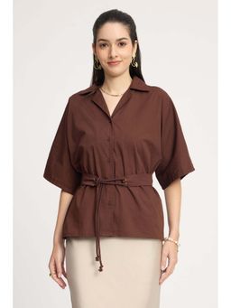 Virgio - Solid Cotton Collar Shirt with Belt for Women