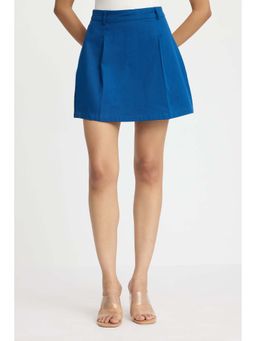 Virgio - Blue Solid Cotton High Waist Pleated Skirt for Women