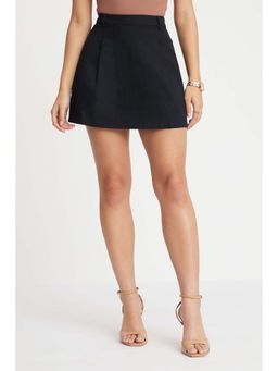 Virgio - Black Solid Cotton High Waist Pleated Skirt for Women