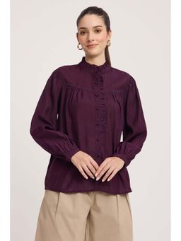Virgio - Wine Solid Viscose Mandarin Collar Shirt for Women