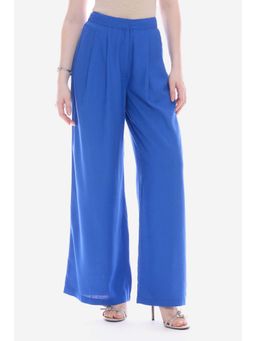 Virgio - Blue Solid Viscose Pleated Wide-Leg Trousers