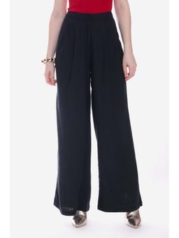 Virgio - Black Solid Viscose Pleated Wide-Leg Trousers
