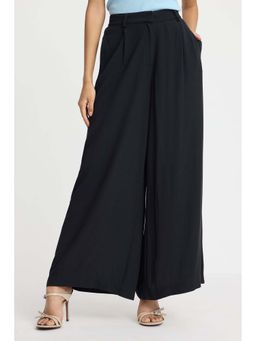 Virgio - Black Solid Viscose Wide Leg Pleated Trousers