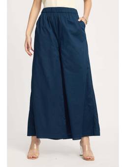 Virgio - Solid Cotton Navy Blue Flared Trousers for Women