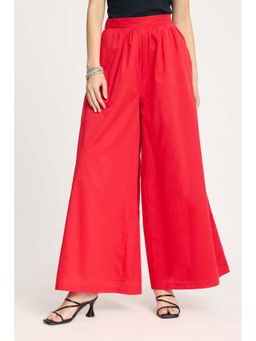 Virgio - Solid Cotton Red Flared Trousers for Women