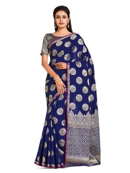 Mimosa - Navy Blue Kanjivaram Style Art Silk Saree With Unstitched Blouse