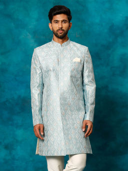 Vastramay - Mens Mint Green Silk Blend Sherwani Only Top