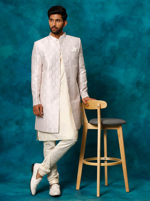 Vastramay Mens Purple & Cream Viscose Sherwani (Set of 3)