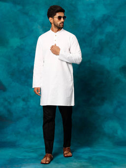 Vastramay - Mens White & Black Cotton Blend Kurta Pyjama (Set of 2)