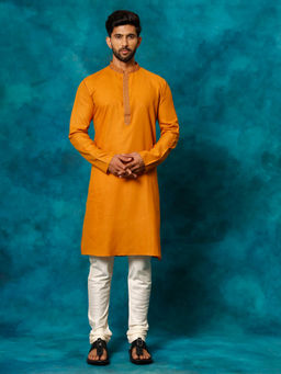 Vastramay - Mens Orange & Cream Cotton Blend Kurta Pyjama (Set of 2)