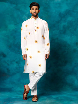 Vastramay - Mens Off White Cotton Blend Kurta Pyjama (Set of 2)