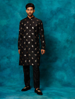 Vastramay - Mens Black Embroidered Cotton Blend Kurta Pyjama (Set of 2)
