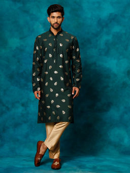 Vastramay - Mens Green & Rose Gold Cotton Blend Kurta Pyjama (Set of 2)