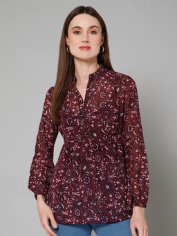 PURYS - Women Maroon Cinched Waist Casual Top