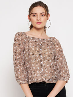 PURYS - Women Beige Floral Printed Blouson Top