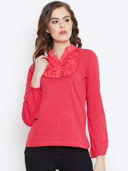 PURYS - Women Pink Long Sleeves Ruffled Yoke Top