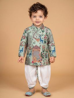 ETHNIKS NEURON - Boys Green Mandarin Collar Kurta Set with Dhoti Pants