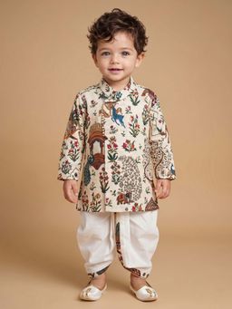 ETHNIKS NEURON - Boys Printed Pure Cotton Angrakha Kurta With Dhoti Pants