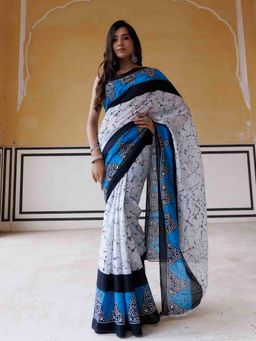 Ragavi - Ethereal Blue Traditional Jaipur Printed Saree with Unstitched Blouse