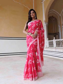 Ragavi - Pink Lemonade Traditional Jaipur Printed Saree with Unstitched Blouse