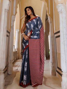 Ragavi - Stormy Grey Traditional Jaipur Printed Saree with Unstitched Blouse