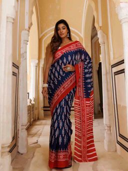 Ragavi - Adrenaline Red and Blue Traditional Jaipur Printed Saree with Unstitched Blouse