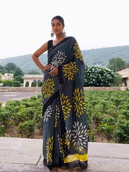 Ragavi - Brushed Grey Contrast Cotton Printed Saree with Unstitched Blouse