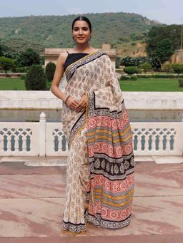 Ragavi - Buttercream Beige Jaipur Printed Cotton Saree with Unstitched Blouse