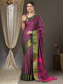 Akhilam - Womens Aura Silk Pink Woven Designer Saree with Unstitched Blouse