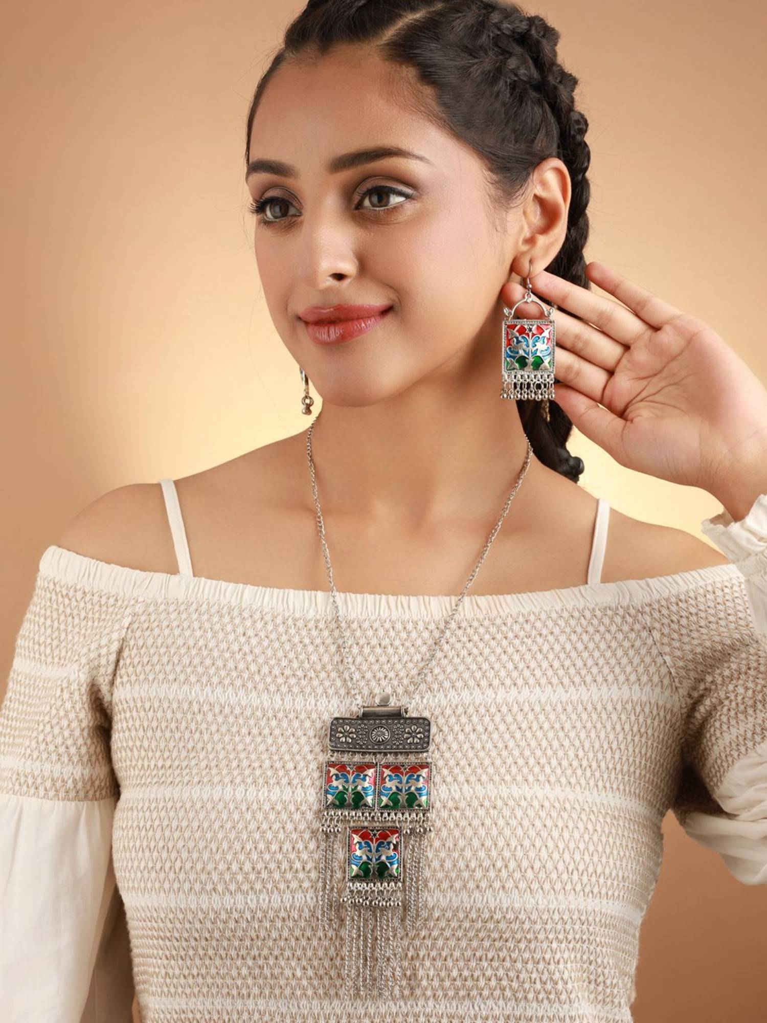 Buy Priyaasi Oxidised Silver Multi Color Square Tassel Jewellery