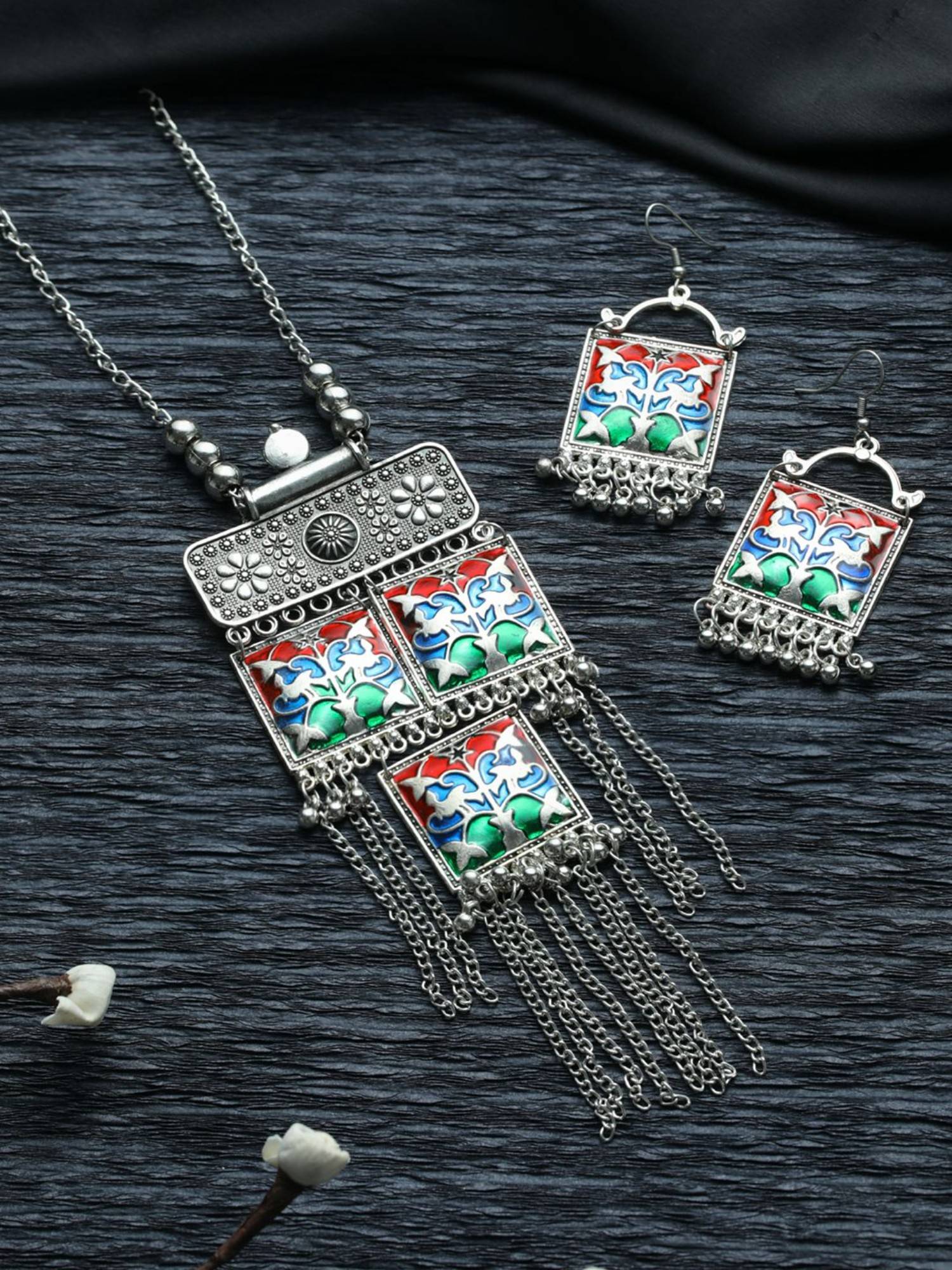 Buy Priyaasi Oxidised Silver Multi Color Square Tassel Jewellery