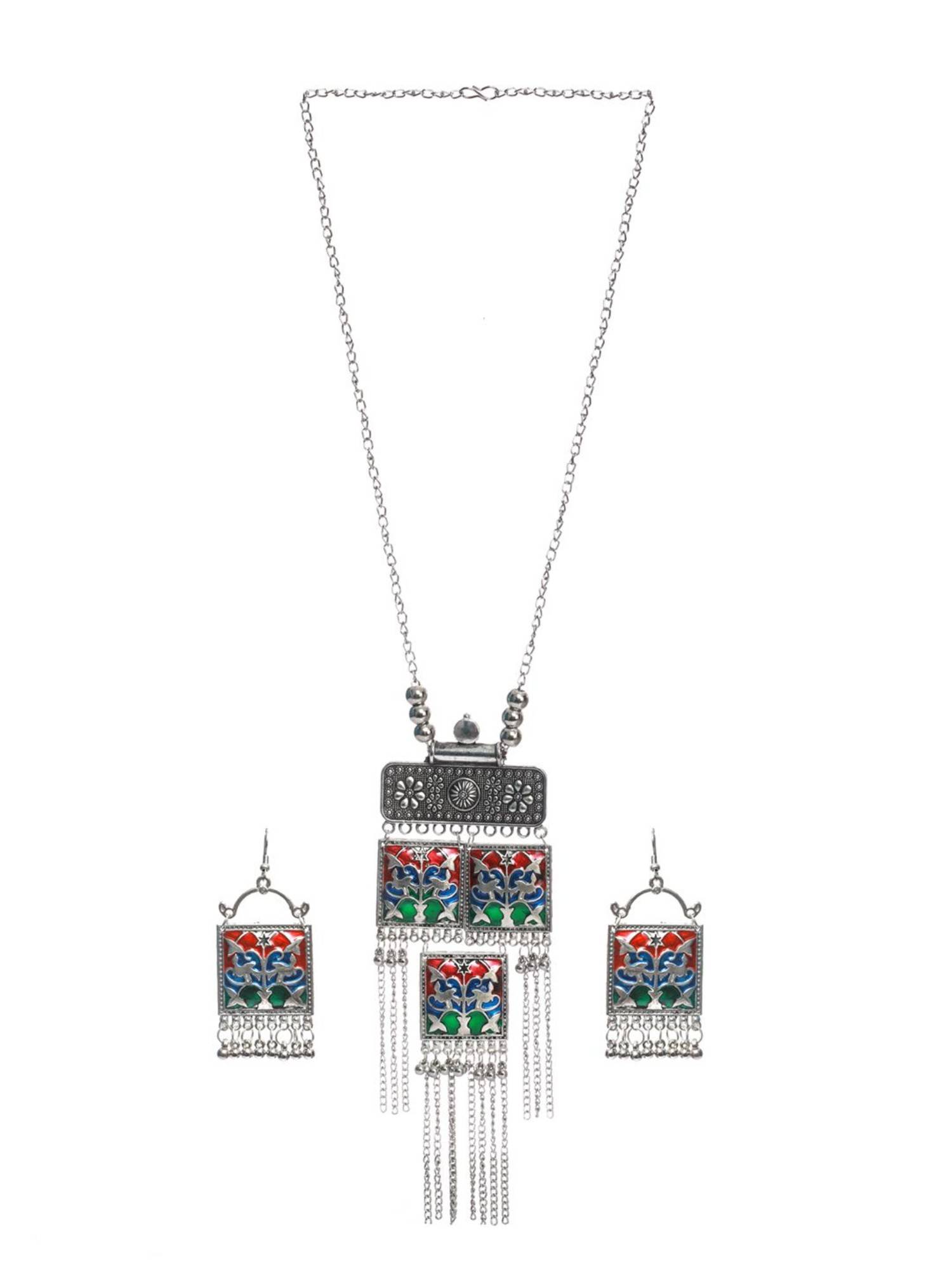 Buy Priyaasi Oxidised Silver Multi Color Square Tassel Jewellery
