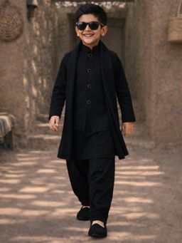 Vastramay - Boys Black Synthetic Nehru Jacket with Kurta and Patiala also Dupatta