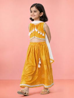 Vastramay - Girls Mustard Cotton Blend Choli with Lehenga and Dupatta