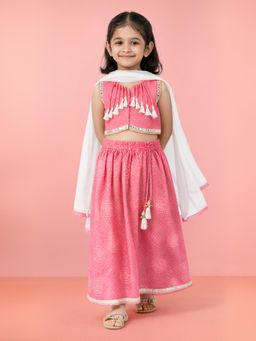 Vastramay - Girls Pink Cotton Blend Choli with Lehenga and Dupatta