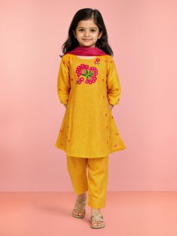 Vastramay - Girls Mustard Chanderi Kurta with Pyjama and Dupatta