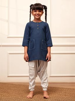 Vastramay - Girls Navy Blue Cotton Kurta with Harem Pant