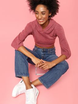 Campus Sutra - Cotton Solid Peach Regular Fit Cropped Hoodie Sweatshirt