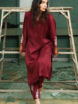 October - Red Wine Silk Co-Ord Set in Handpaint and Real Silver Work