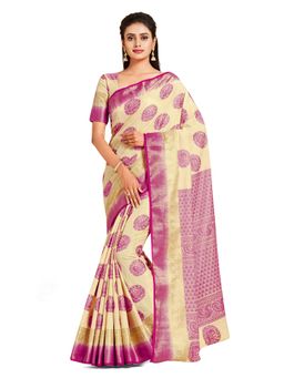 Mimosa - Beige Kanjivaram Style Art Silk Saree With Unstitched Blouse