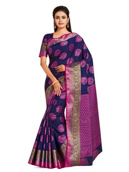 Mimosa - Navy Blue Kanjivaram Style Art Silk Saree With Unstitched Blouse