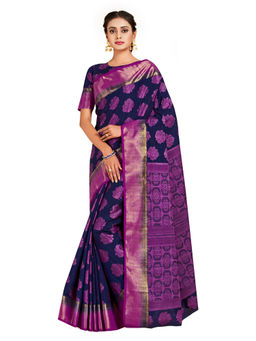 Mimosa - Navy Blue Kanjivaram Style Art Silk Saree With Unstitched Blouse