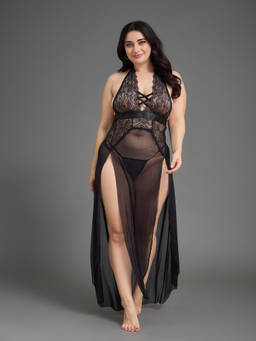 G Heist - Women Plus Size Sheer Self Design Long Nightwear Baby Doll Lingerie