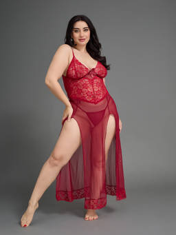 G Heist - Women Plus Size Sheer Self Design Long Nightwear Baby Doll Lingerie