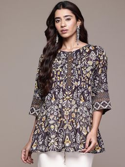 Aarke Ritu Kumar - Women Dark Brown Desert Rose Floral Printed Short Kurti