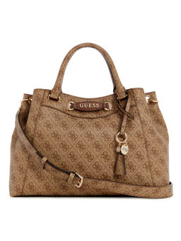 Guess - Women Beige Pu Printed Satchel Bag with Detachable Strap