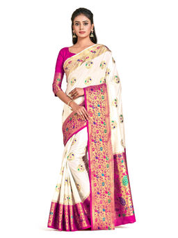 Mimosa - Beige Dharmavaram Style Art Silk Saree With Unstitched Blouse